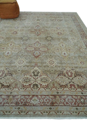 Custom Made Hand Knotted Olive and Rust Distressed Traditional Antique Look Wool Rug