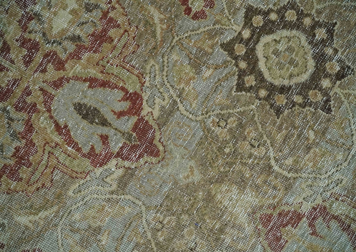 Custom Made Hand Knotted Olive and Rust Distressed Traditional Antique Look Wool Rug