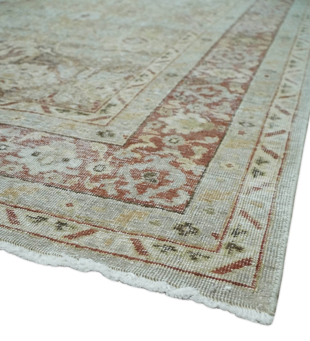 Custom Made Hand Knotted Olive and Rust Distressed Traditional Antique Look Wool Rug