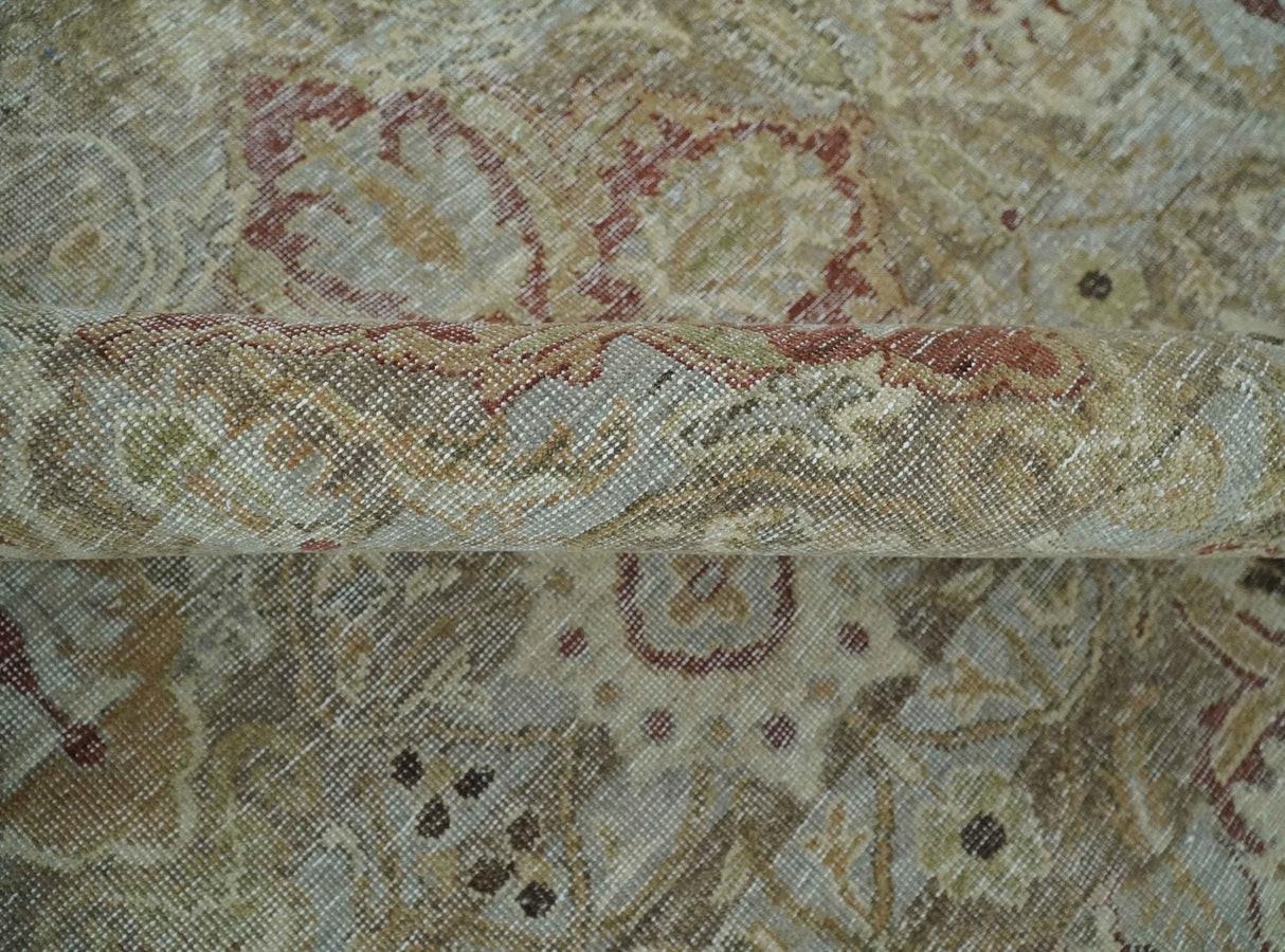 Custom Made Hand Knotted Olive and Rust Distressed Traditional Antique Look Wool Rug