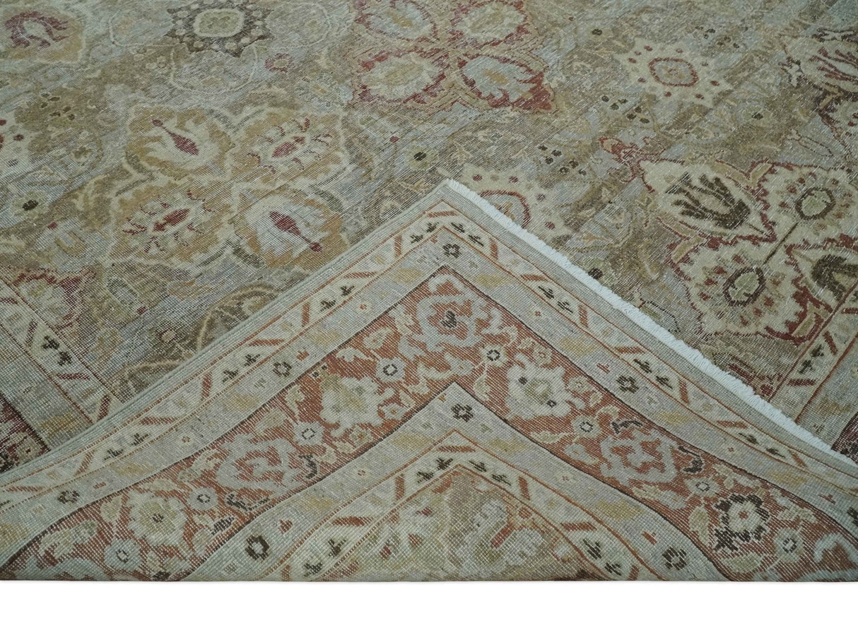 Custom Made Hand Knotted Olive and Rust Distressed Traditional Antique Look Wool Rug