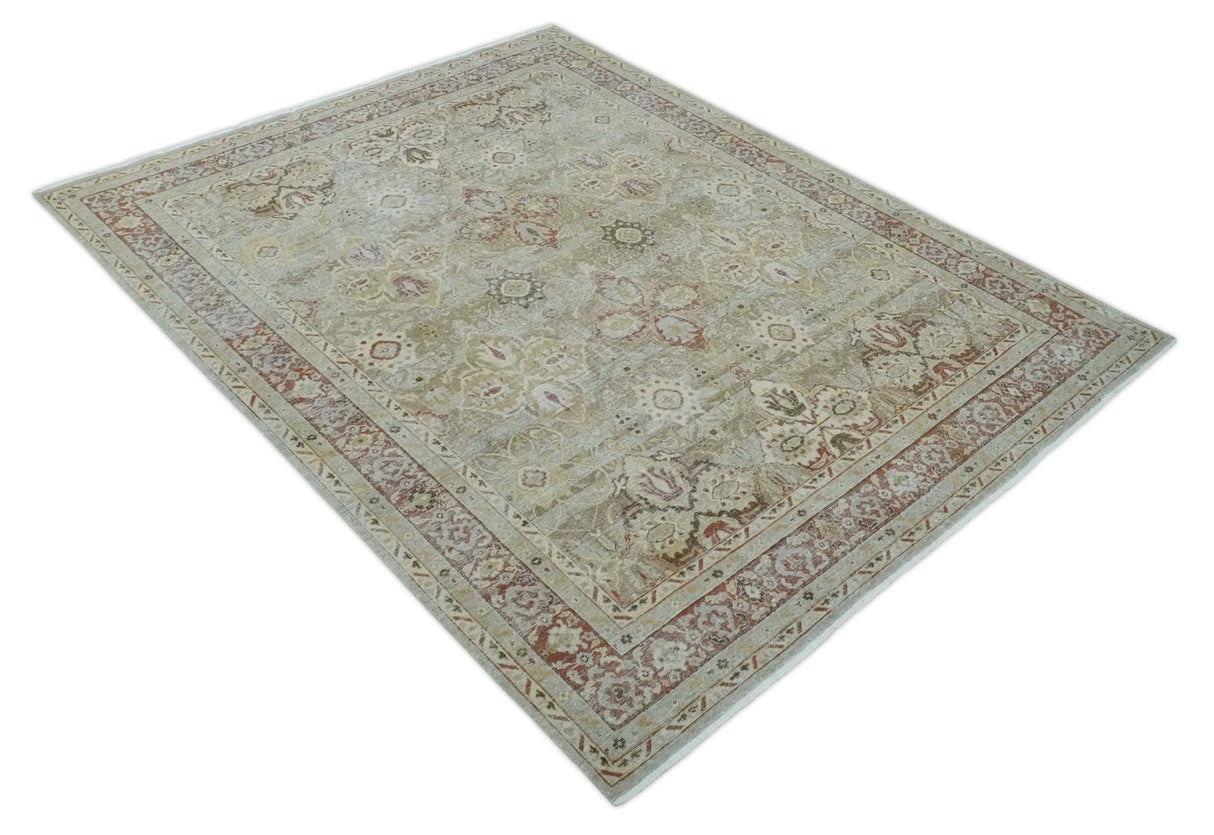 Custom Made Hand Knotted Olive and Rust Distressed Traditional Antique Look Wool Rug