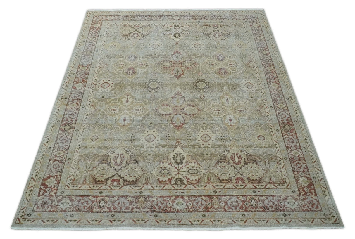 Custom Made Hand Knotted Olive and Rust Distressed Traditional Antique Look Wool Rug