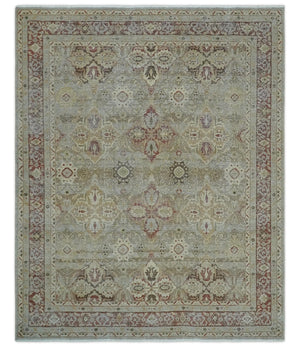 Custom Made Hand Knotted Olive and Rust Distressed Traditional Antique Look Wool Rug