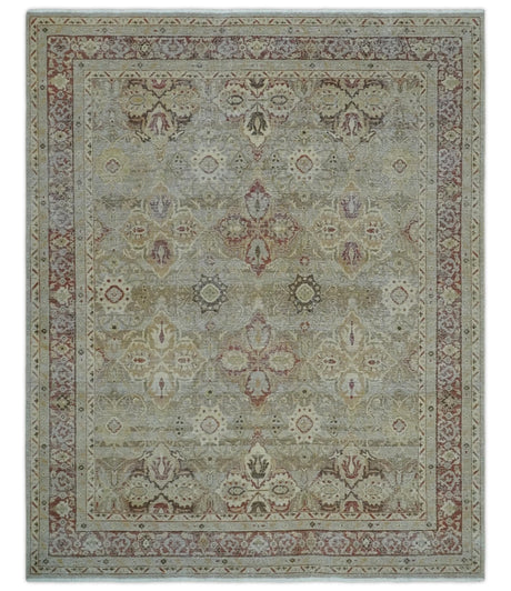 Custom Made Hand Knotted Olive and Rust Distressed Traditional Antique Look Wool Rug