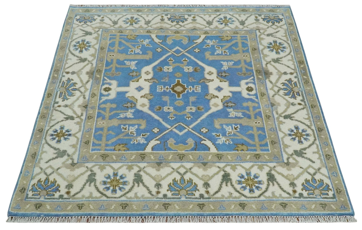 Custom Made Hand Knotted Oriental Oushak Blue and Ivory Wool Area Rug