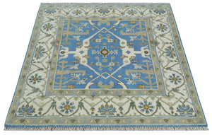 Custom Made Hand Knotted Oriental Oushak Blue and Ivory Wool Area Rug