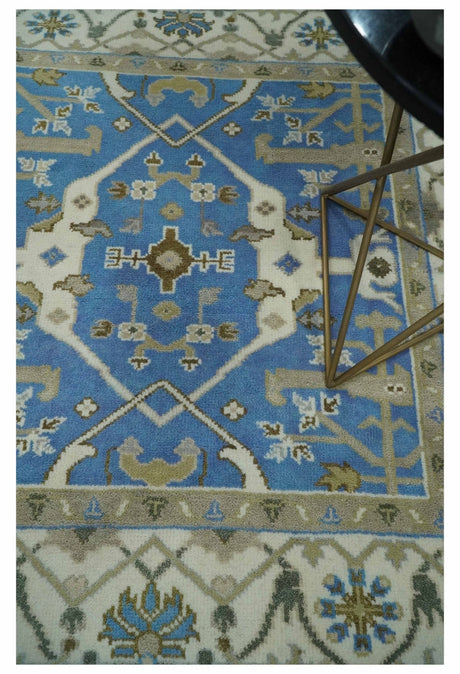 Custom Made Hand Knotted Oriental Oushak Blue and Ivory Wool Area Rug