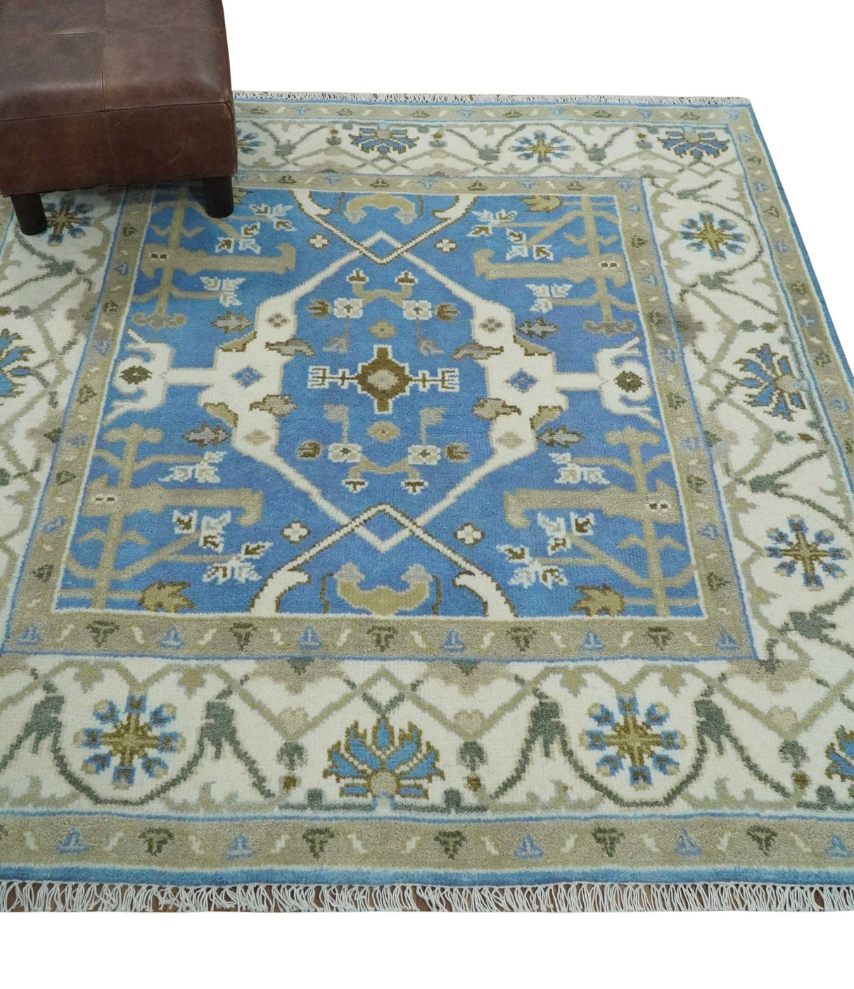 Custom Made Hand Knotted Oriental Oushak Blue and Ivory Wool Area Rug