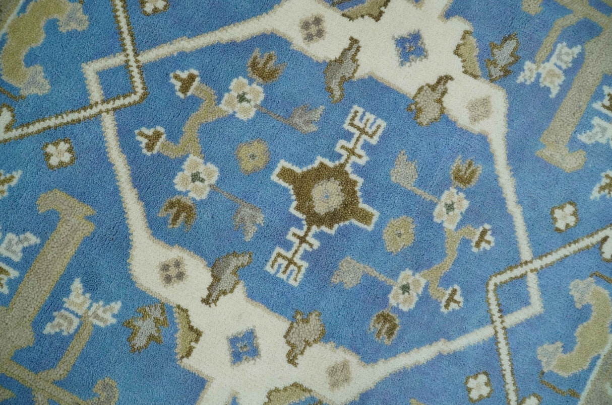 Custom Made Hand Knotted Oriental Oushak Blue and Ivory Wool Area Rug