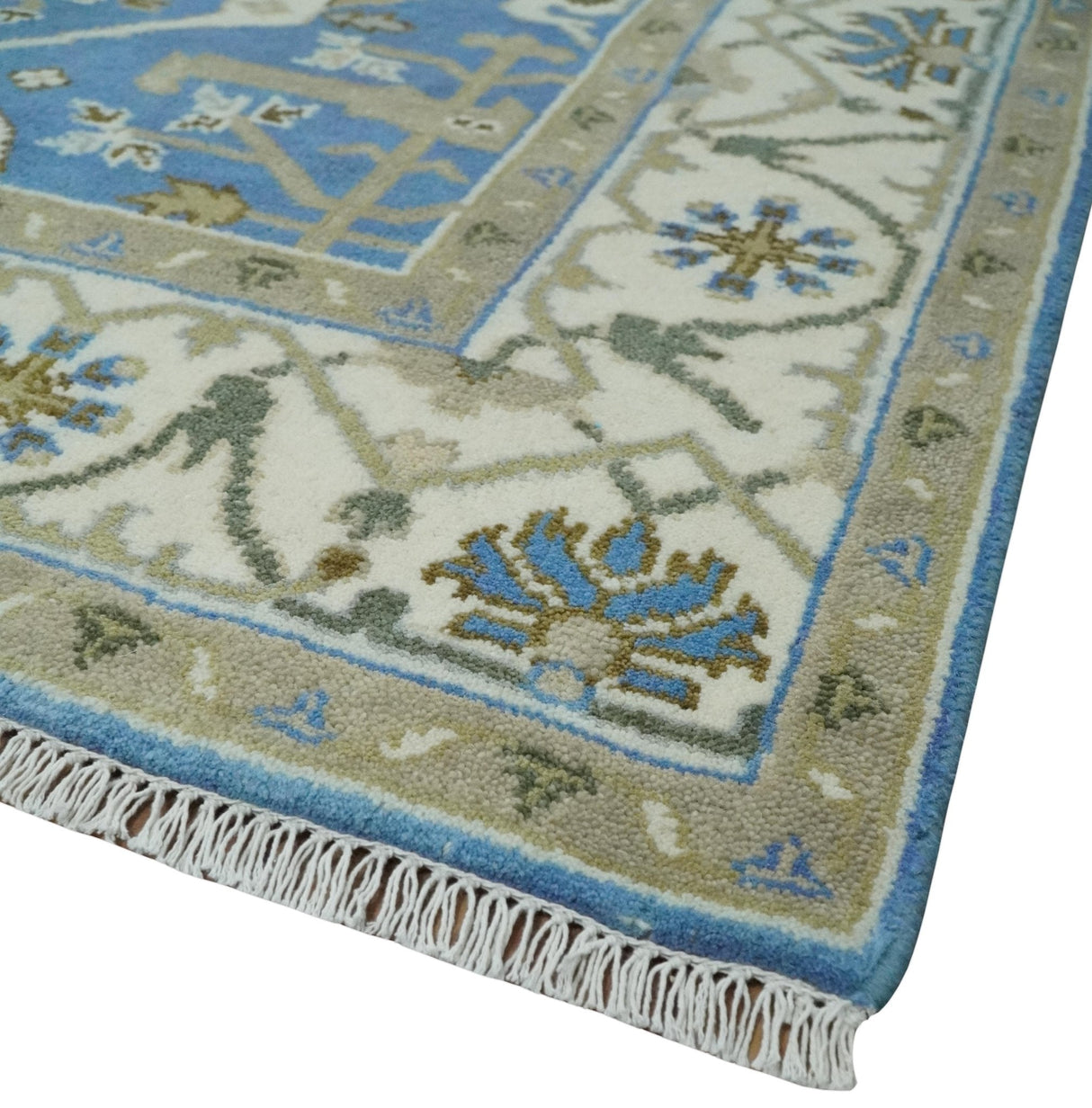 Custom Made Hand Knotted Oriental Oushak Blue and Ivory Wool Area Rug