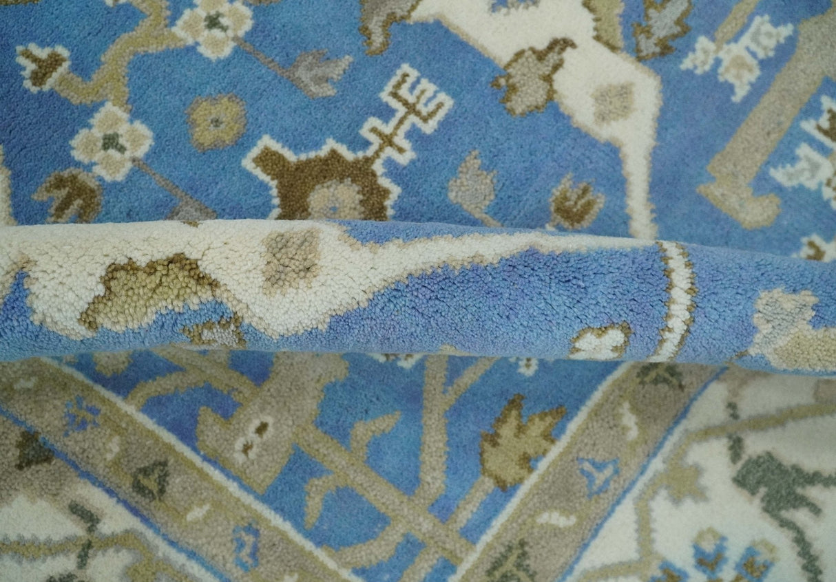 Custom Made Hand Knotted Oriental Oushak Blue and Ivory Wool Area Rug