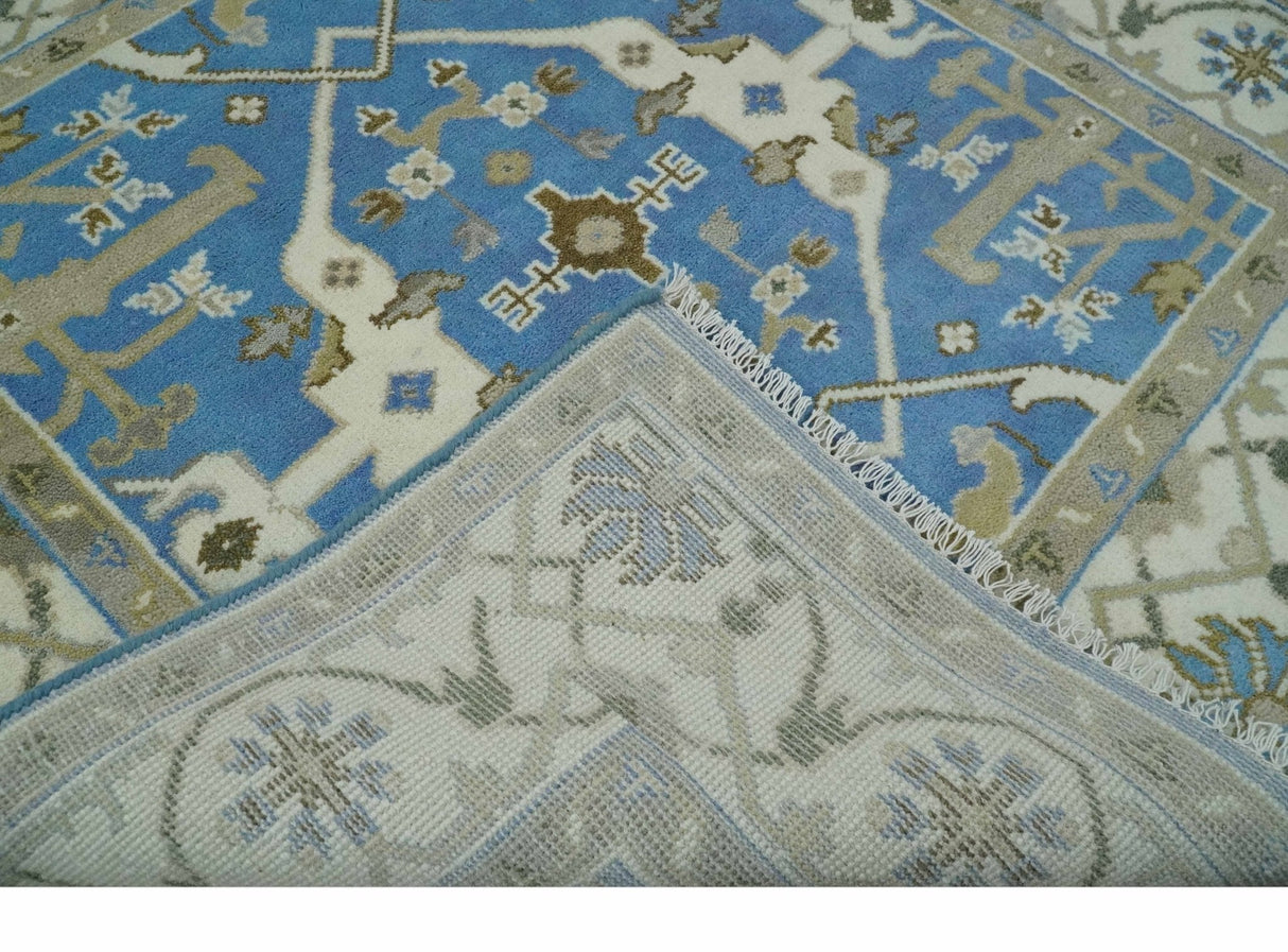 Custom Made Hand Knotted Oriental Oushak Blue and Ivory Wool Area Rug
