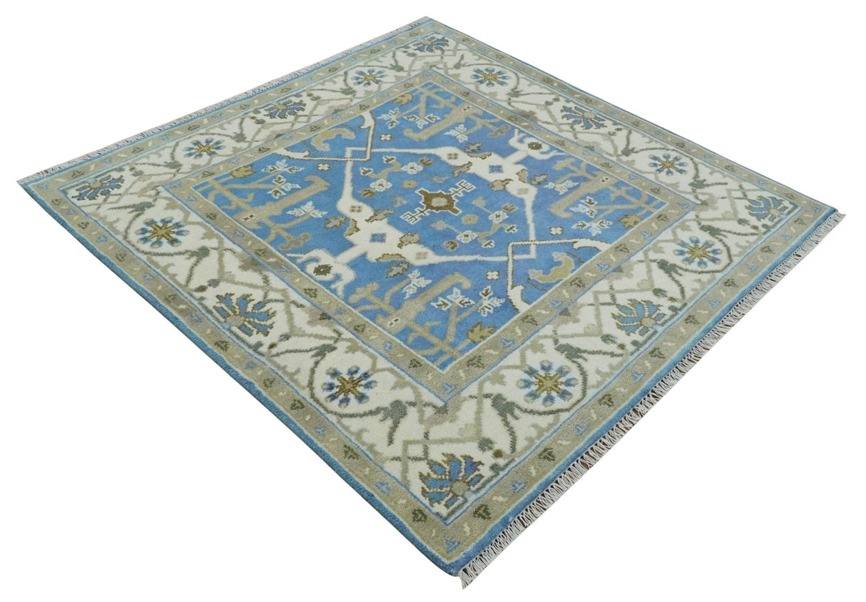 Custom Made Hand Knotted Oriental Oushak Blue and Ivory Wool Area Rug