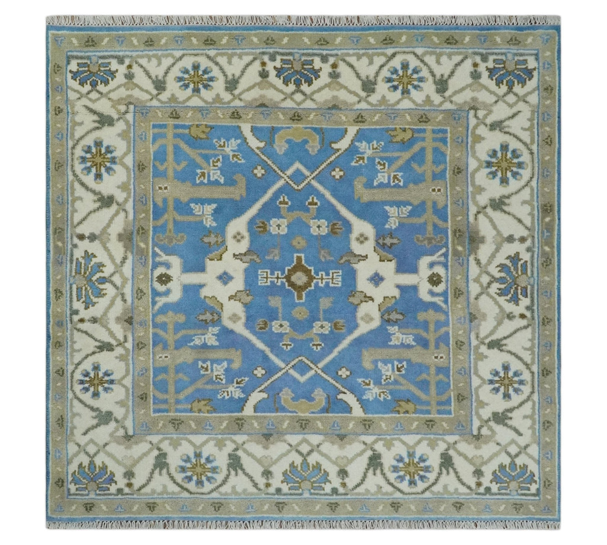 Custom Made Hand Knotted Oriental Oushak Blue and Ivory Wool Area Rug