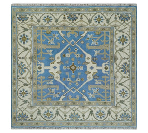 Custom Made Hand Knotted Oriental Oushak Blue and Ivory Wool Area Rug
