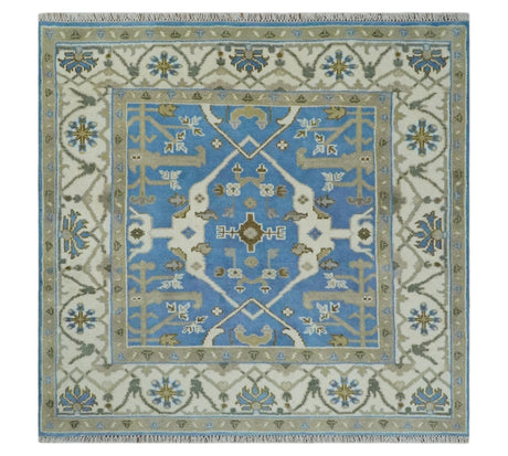 Custom Made Hand Knotted Oriental Oushak Blue and Ivory Wool Area Rug