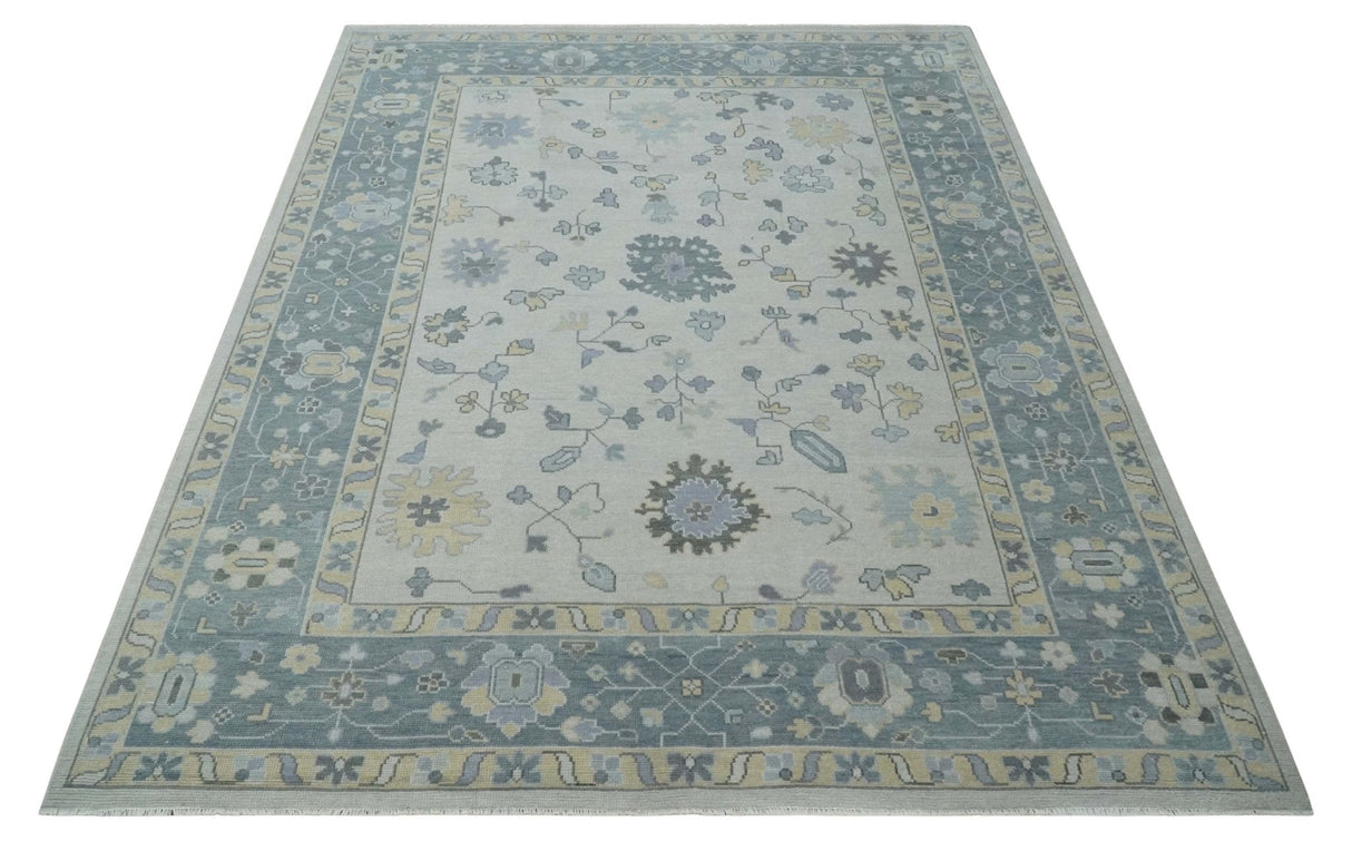 Custom Made Hand Knotted Silver, Blue and Beige Traditional Oushak Wool Area Rug
