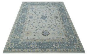 Custom Made Hand Knotted Silver, Blue and Beige Traditional Oushak Wool Area Rug