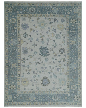 Custom Made Hand Knotted Silver, Blue and Beige Traditional Oushak Wool Area Rug