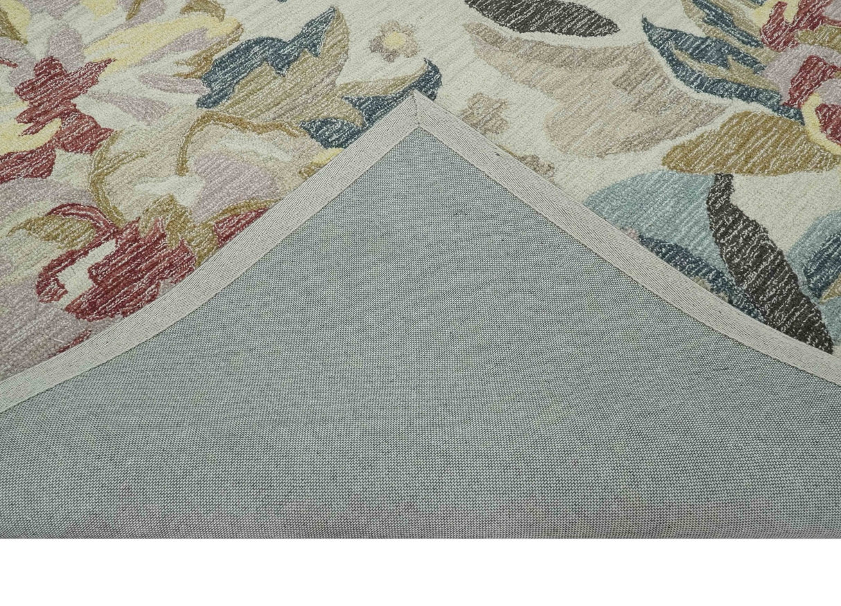 Custom Made Ivory, Charcoal and Olive Floral Design Colorful Hand Tufted wool rug