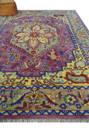 Custom Made Light Green and Purple Medallion Traditional Hand Knotted Wool Area Rug