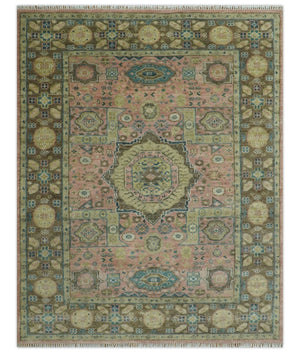 Custom Made Pink, Beige and Olive Hand knotted Medallion Mamluk Multi Size wool Area Rug