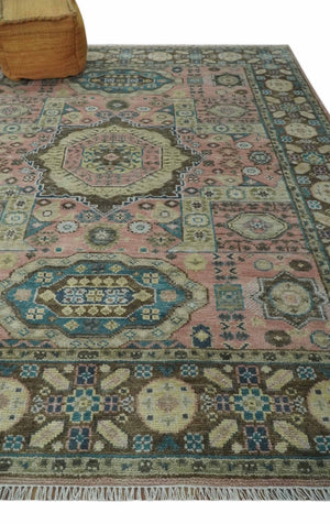 Custom Made Pink, Beige and Olive Hand knotted Medallion Mamluk Multi Size wool Area Rug