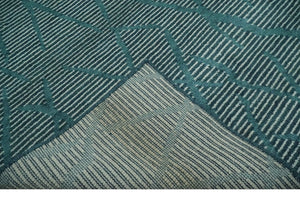 Custom Made Teal and Ivory Modern Stripes Design Hand Knotted wool Area Rug