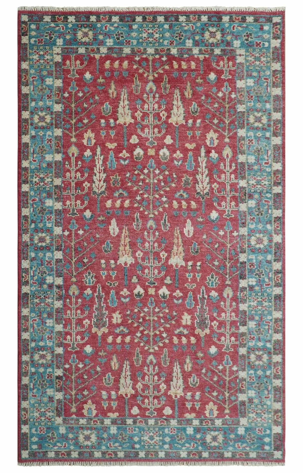 Custom Made Tree of Life Hand Knotted Maroon and Blue Traditional Wool area Rug