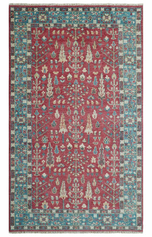 Custom Made Tree of Life Hand Knotted Maroon and Blue Traditional Wool area Rug