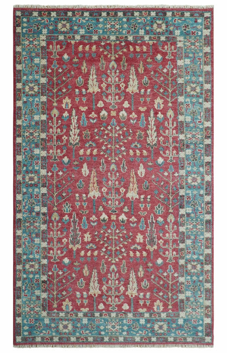 Custom Made Tree of Life Hand Knotted Maroon and Blue Traditional Wool area Rug