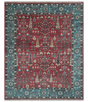 Custom Made Tree of Life Hand Knotted Maroon and Blue Traditional Wool area Rug