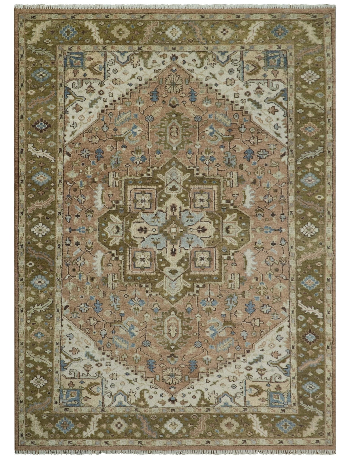 Custom Made Vintage Style Olive, Rust and Ivory Hand knotted Traditional wool Area Rug