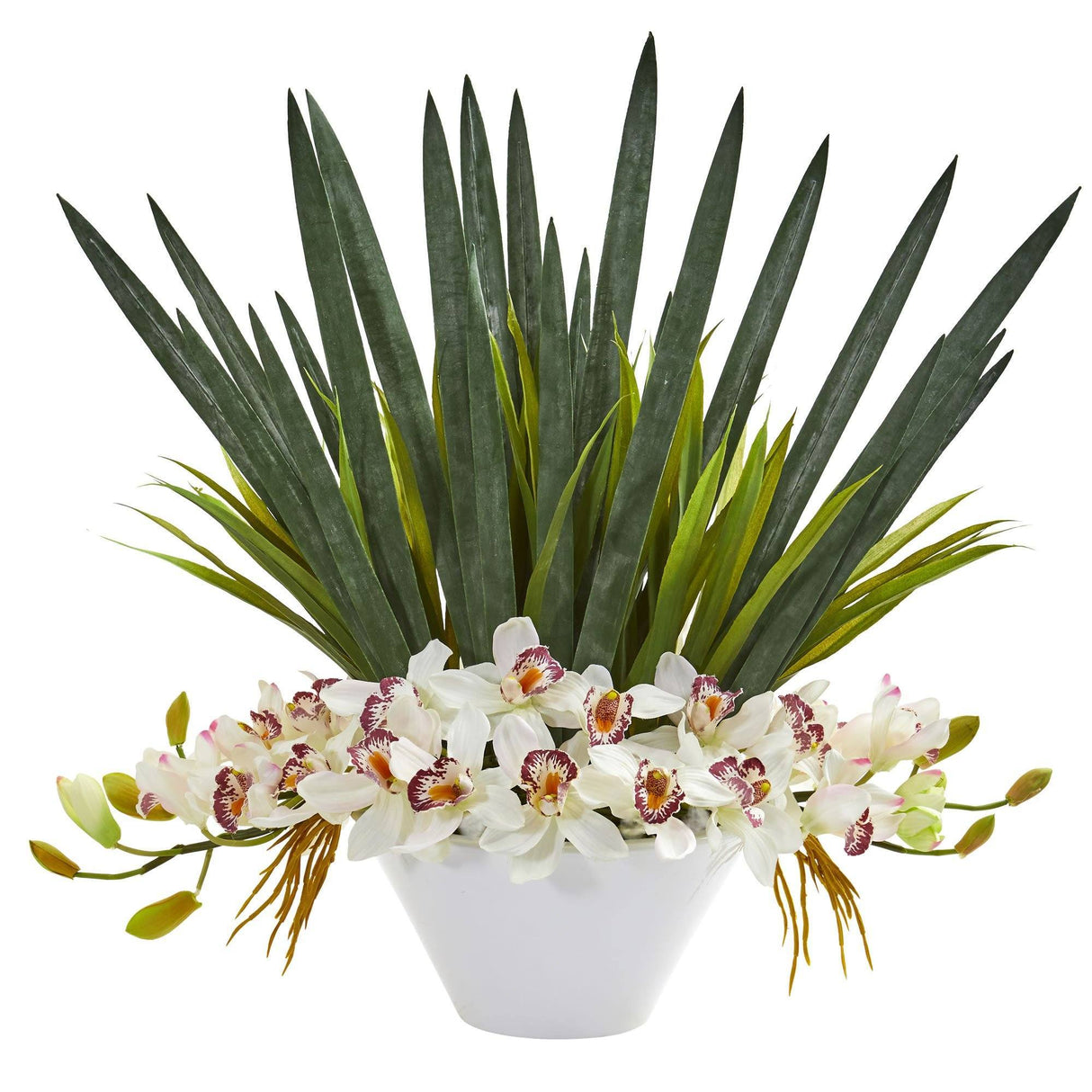 Cymbidium Orchid Artificial Arrangement in White Bowl