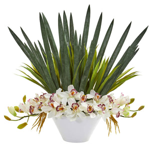 Cymbidium Orchid Artificial Arrangement in White Bowl