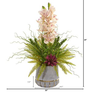 Cymbidium Orchid, Succulent and Grass Artificial Arrangement