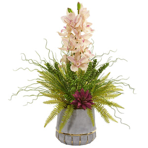 Cymbidium Orchid, Succulent and Grass Artificial Arrangement