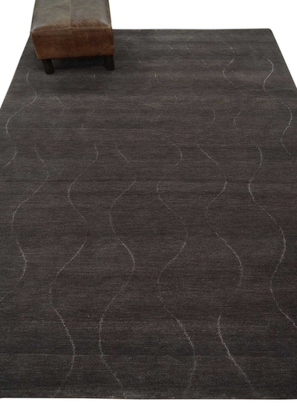 Dark Brown and Ivory Modern Stripes Pattern Hand knotted 5x7 wool and Art Silk Area Rug