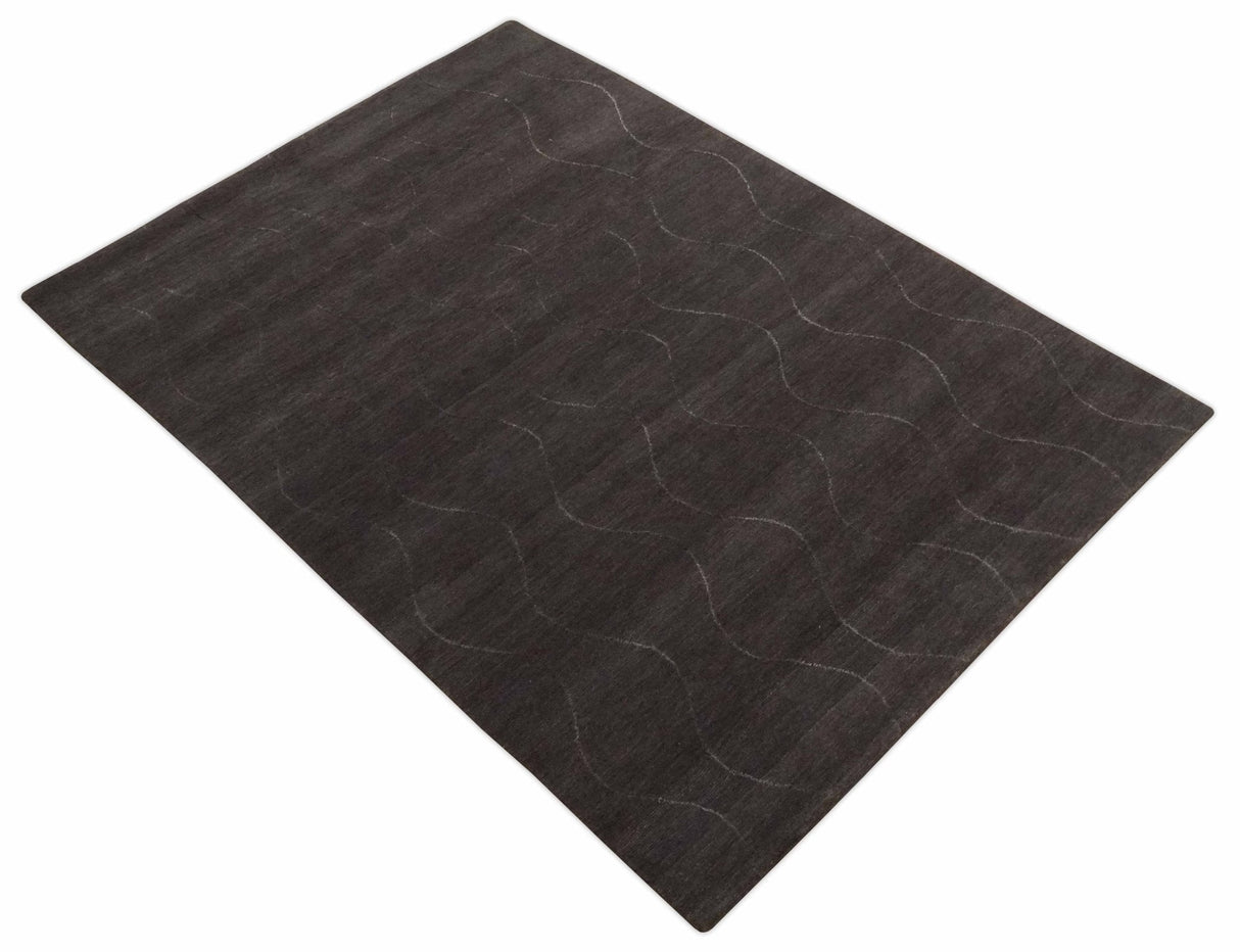 Dark Brown and Ivory Modern Stripes Pattern Hand knotted 5x7 wool and Art Silk Area Rug