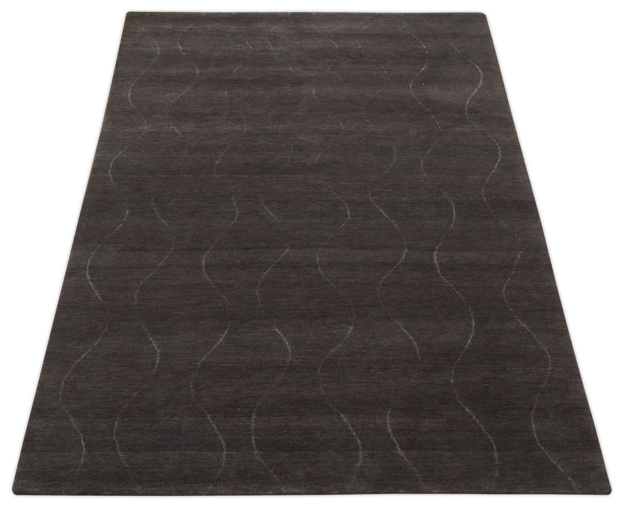 Dark Brown and Ivory Modern Stripes Pattern Hand knotted 5x7 wool and Art Silk Area Rug