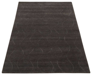Dark Brown and Ivory Modern Stripes Pattern Hand knotted 5x7 wool and Art Silk Area Rug