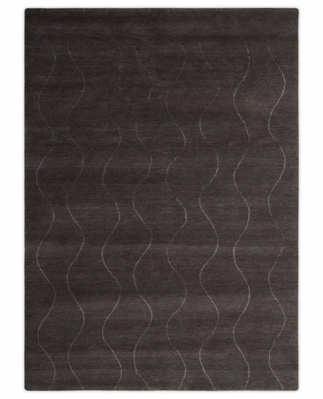 Dark Brown and Ivory Modern Stripes Pattern Hand knotted 5x7 wool and Art Silk Area Rug