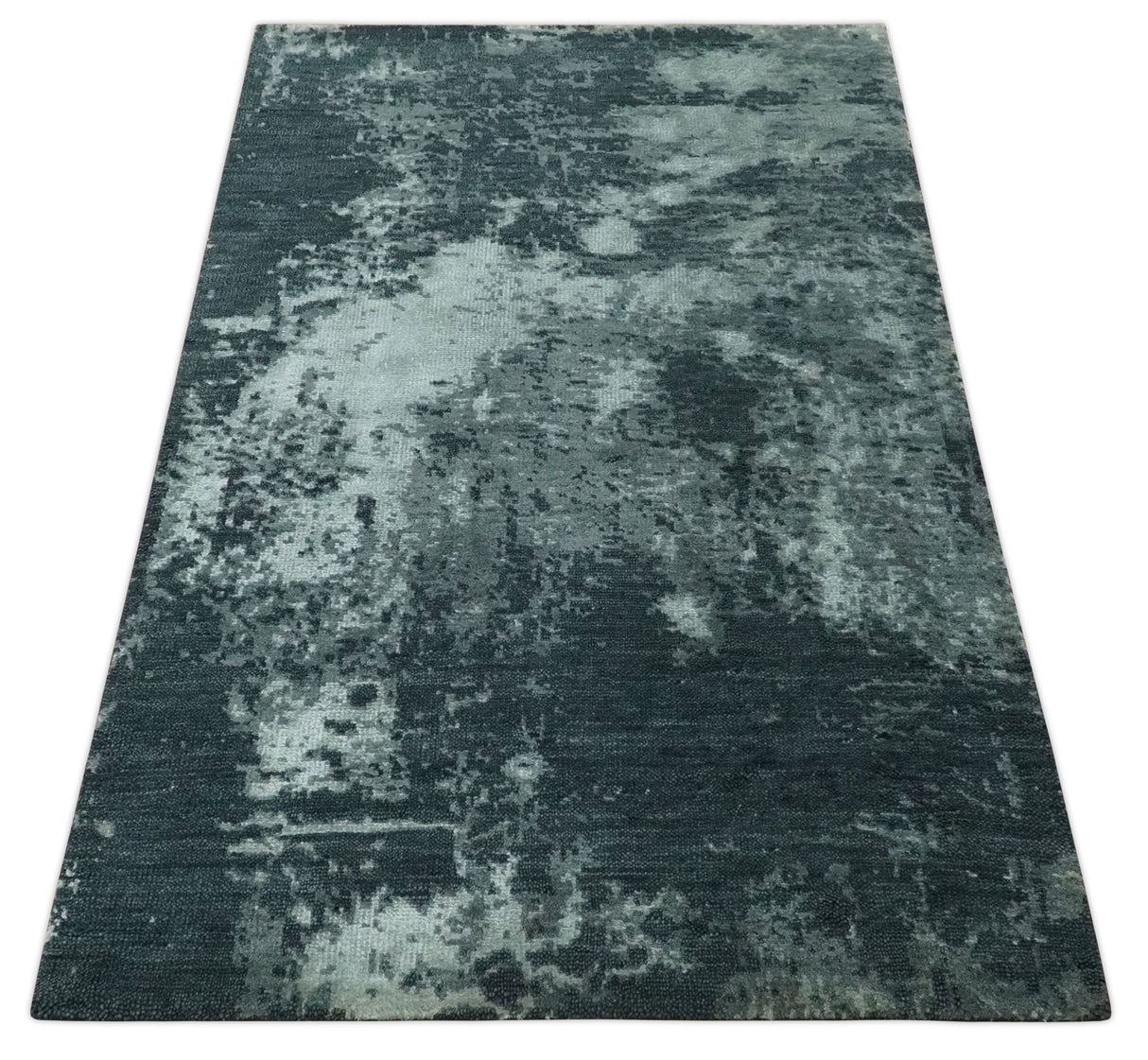 Dark Teal, Gray and Silver Modern Abstract Hand Knotted 5x8 wool Area Rug