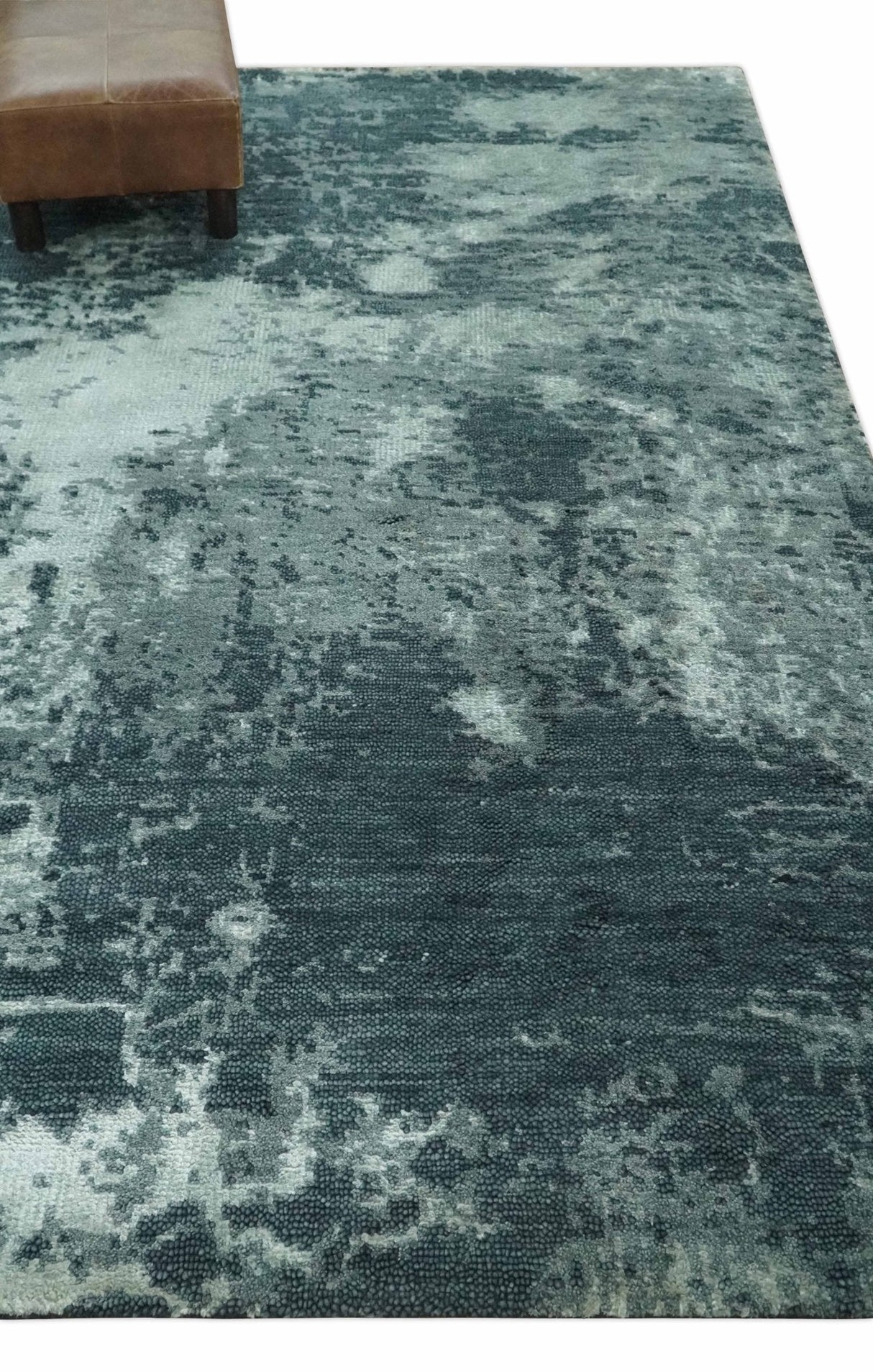 Dark Teal, Gray and Silver Modern Abstract Hand Knotted 5x8 wool Area Rug