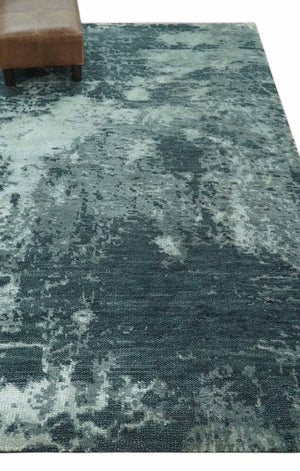 Dark Teal, Gray and Silver Modern Abstract Hand Knotted 5x8 wool Area Rug