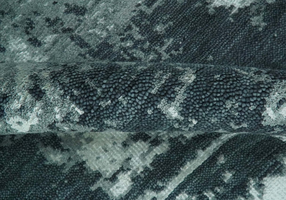 Dark Teal, Gray and Silver Modern Abstract Hand Knotted 5x8 wool Area Rug