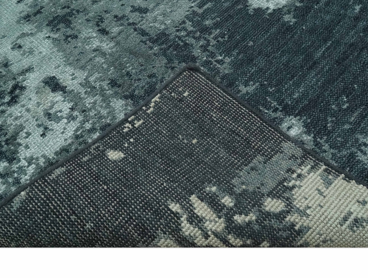 Dark Teal, Gray and Silver Modern Abstract Hand Knotted 5x8 wool Area Rug