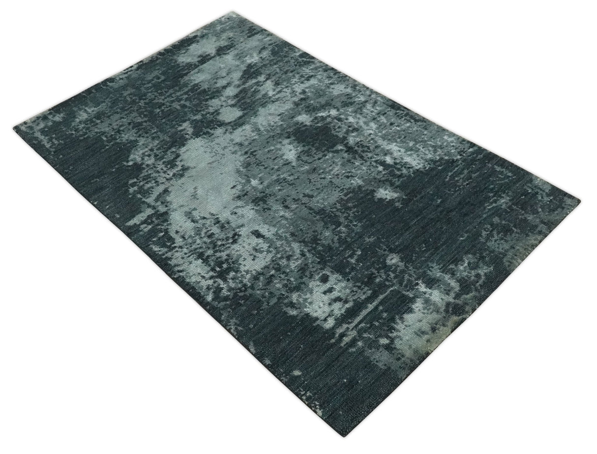 Dark Teal, Gray and Silver Modern Abstract Hand Knotted 5x8 wool Area Rug