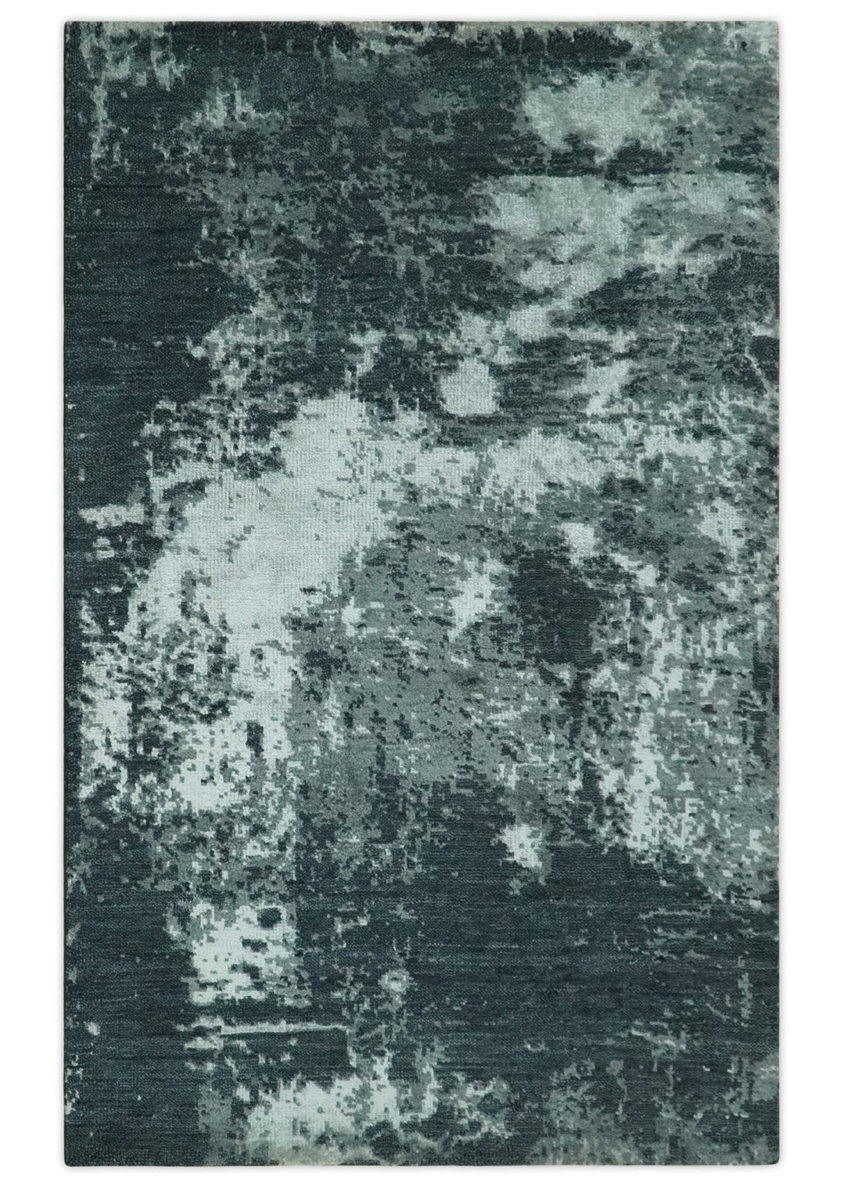 Dark Teal, Gray and Silver Modern Abstract Hand Knotted 5x8 wool Area Rug